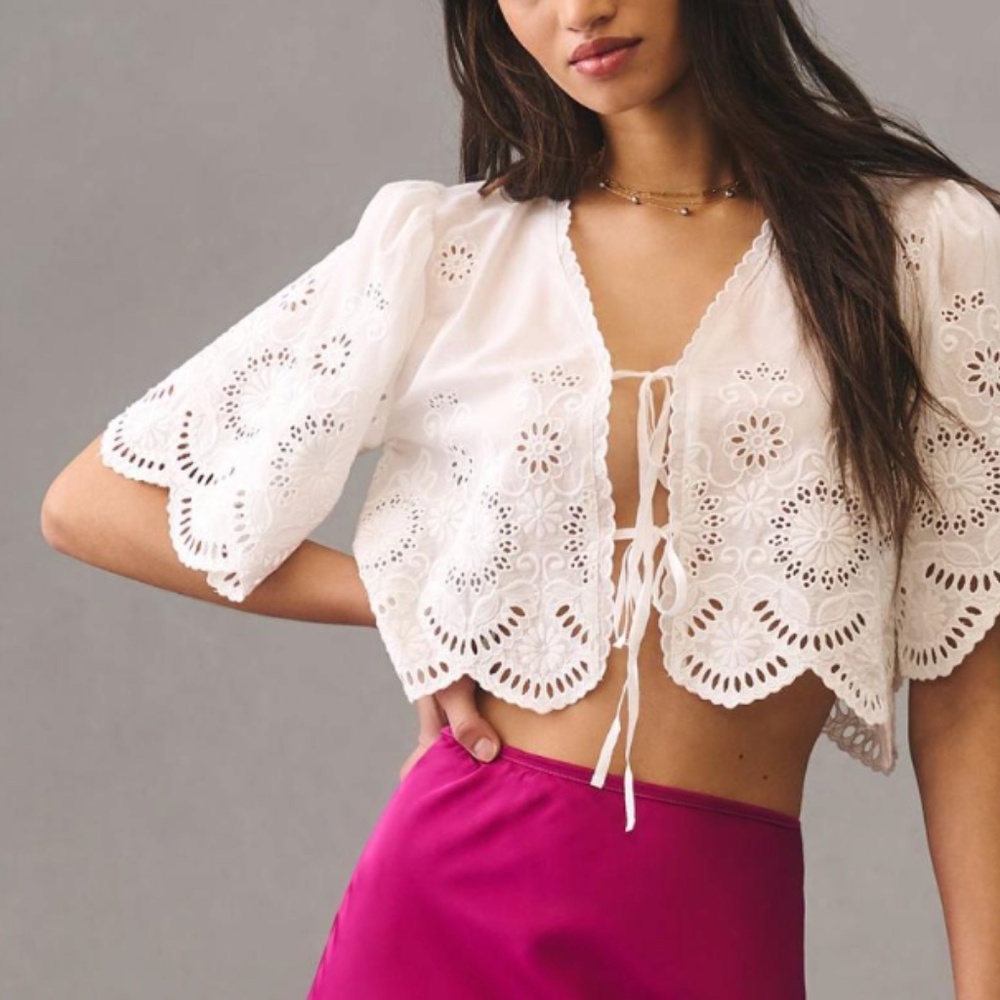By Anthropologie cropped eyelet tie top